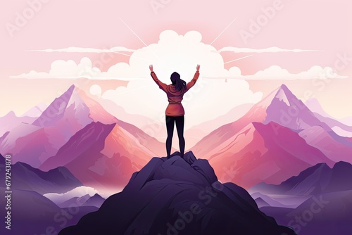 woman stand on cliff on mountain view illustration