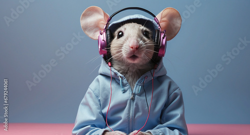 mouse in a clothes listening to music photo