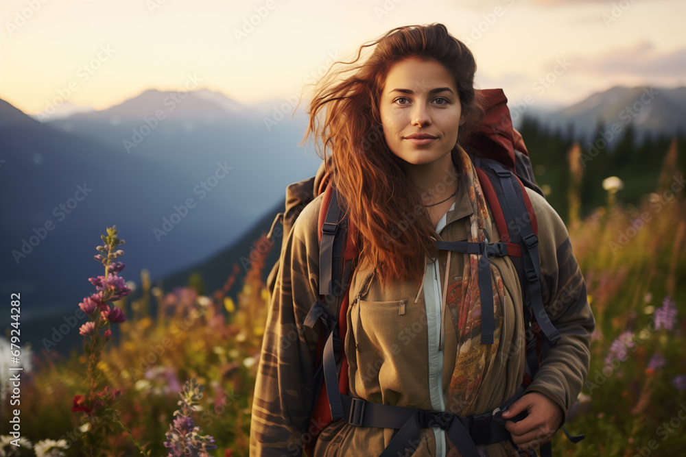 Chubby female hiker, backpack, sunset, mountains, blooming flowers.