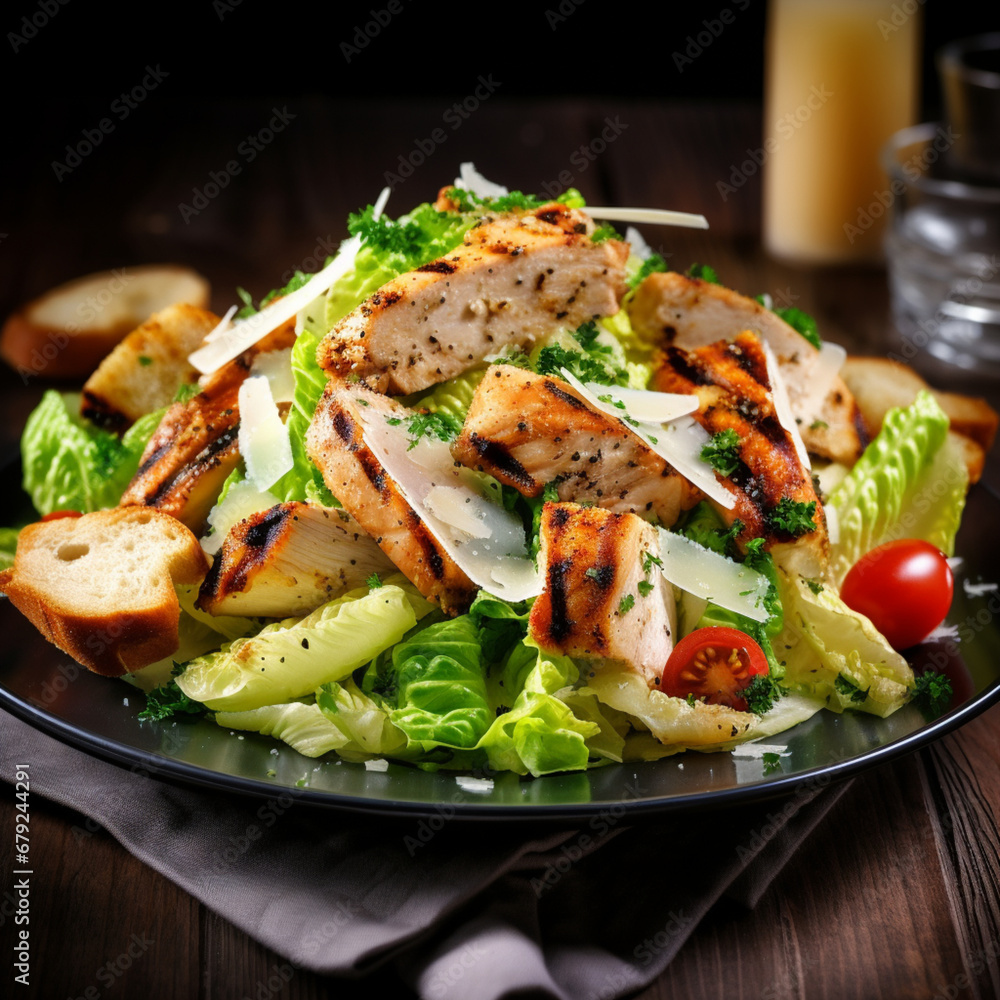Fotografia con detalle de ensalada cesar con pollo a la parrila Fotografia con detalle de ensalada cesar con pollo a la parrila