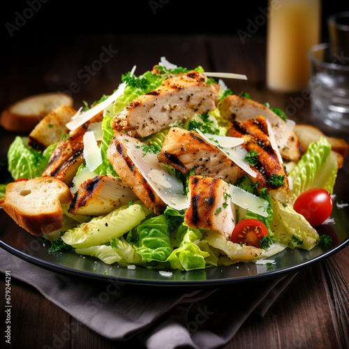 Fotografia con detalle de ensalada cesar con pollo a la parrila