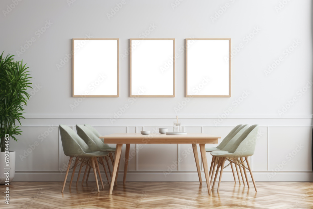 Mockup of posters or framed paintings in a dining room with a wooden table and chairs Mockup of posters or framed paintings in a dining room with a wooden table and chairs