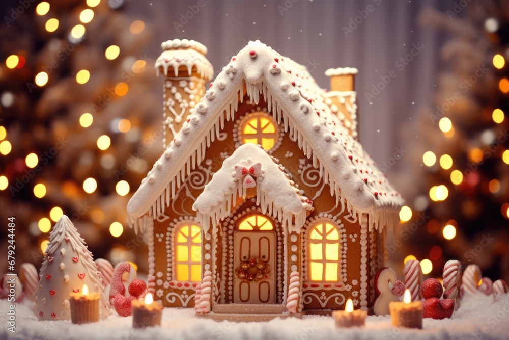 Traditional Christmas gingerbread house with icing on the background of garlands of lights