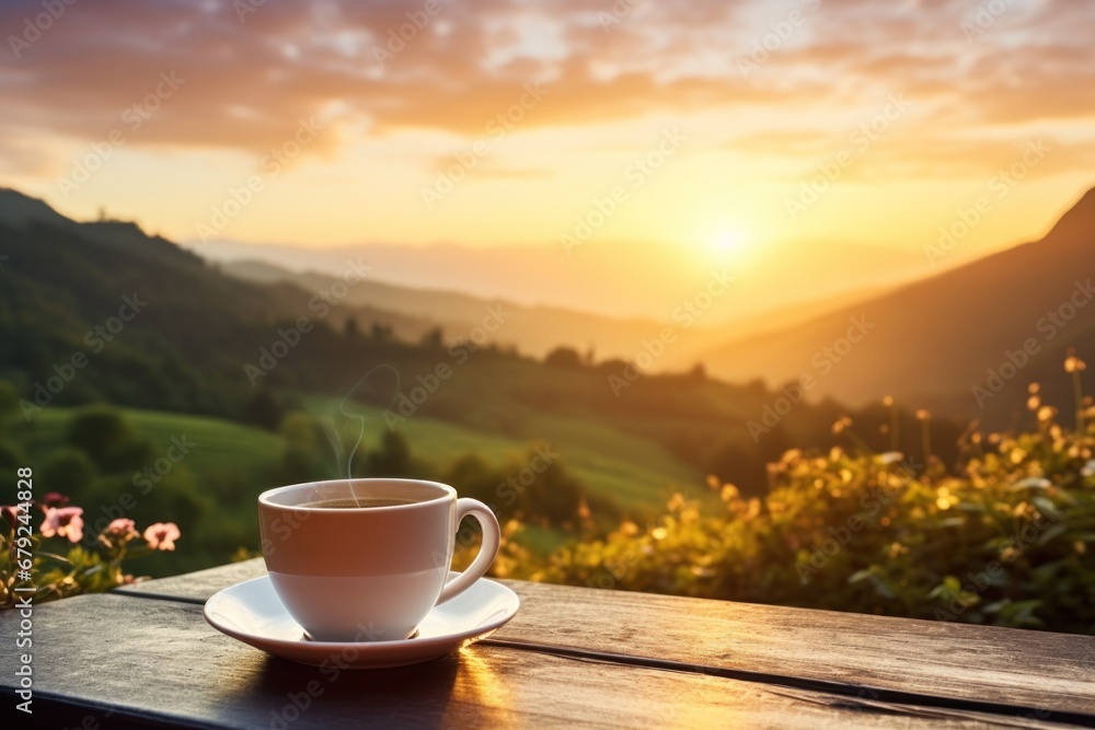 Fresh coffee cup outdoor in front of beautiful nature sunrise. Generative AI. Fresh coffee cup outdoor in front of beautiful nature sunrise. Generative AI.