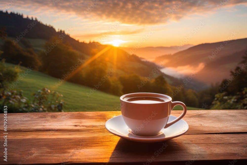 Fresh coffee cup outdoor in front of beautiful nature sunrise. Generative AI. Fresh coffee cup outdoor in front of beautiful nature sunrise. Generative AI.
