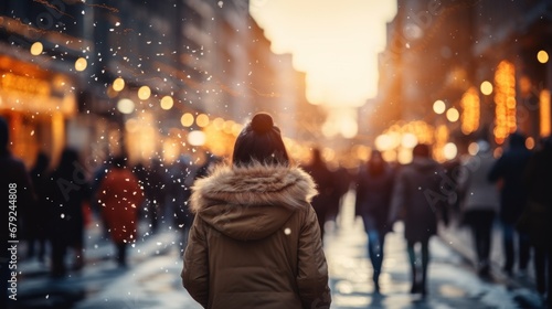People walking in the city street with bokeh Christmas night. Generative AI.