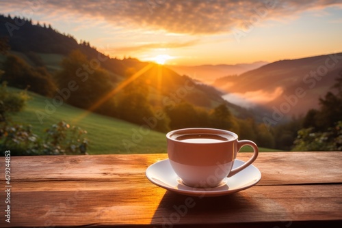 Fresh coffee cup outdoor in front of beautiful nature sunrise. Generative AI.