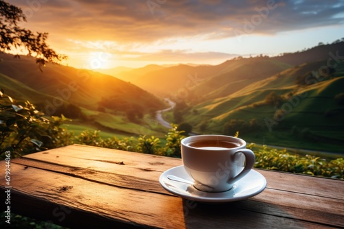 Fresh coffee cup outdoor in front of beautiful nature sunrise. Generative AI.