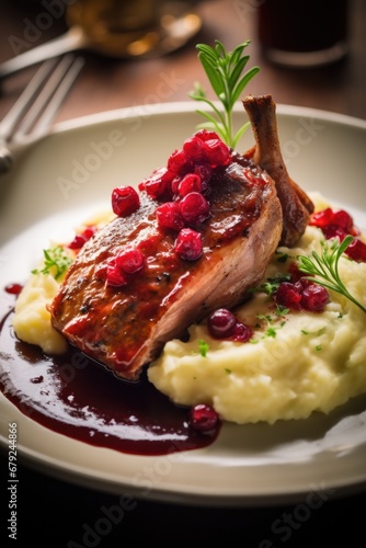 Baked duck leg with mashed potatoes and cranberry sauce