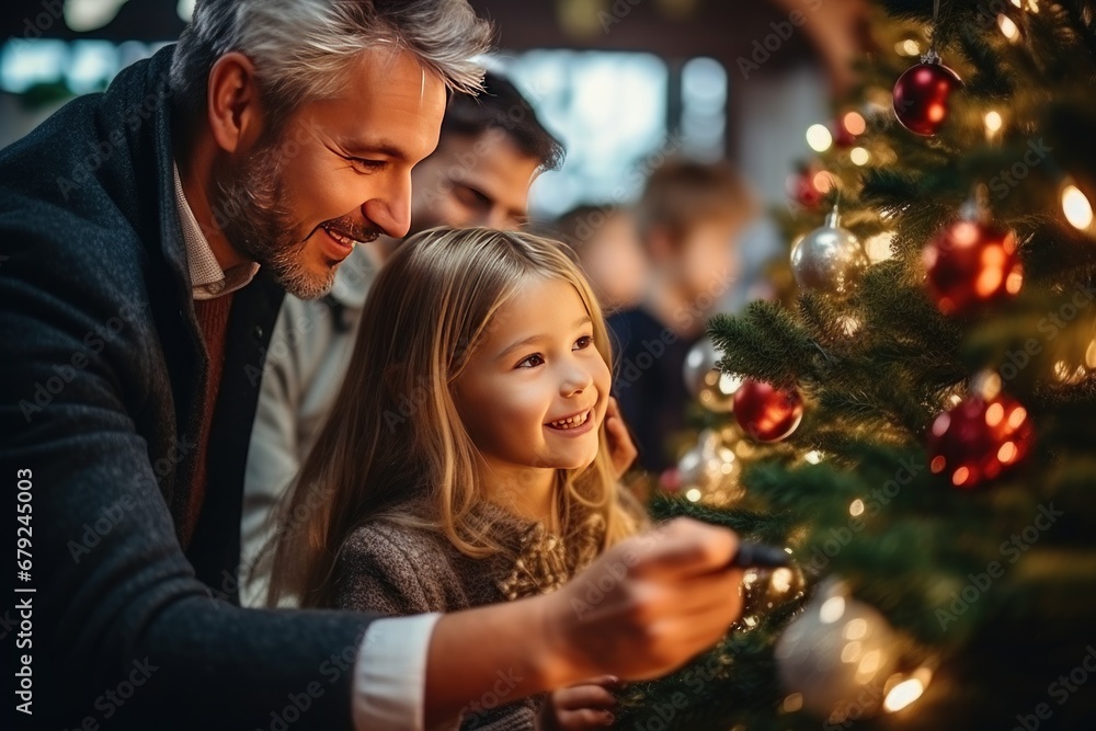 The family decorates the Christmas tree with a colorful garland. Generative AI. The family decorates the Christmas tree with a colorful garland. Generative AI.