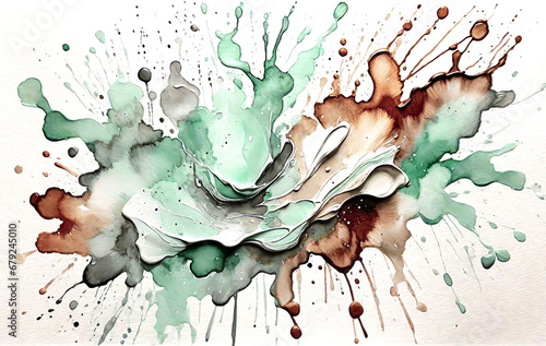 Brown and mint green paint splatter on white background. Generative ai photo