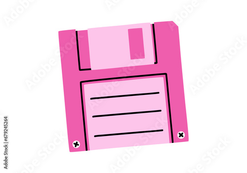 Hand drawn cute cartoon illustration of retro diskette. Flat vector old floppy disk sticker in simple colored doodle style. Disk for storing data icon or print. Save concept. Isolated.