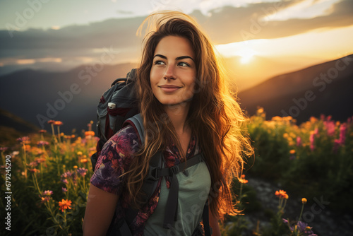 Smiling caucasian hiker with backpack, sunset mountains, flowers in foreground.