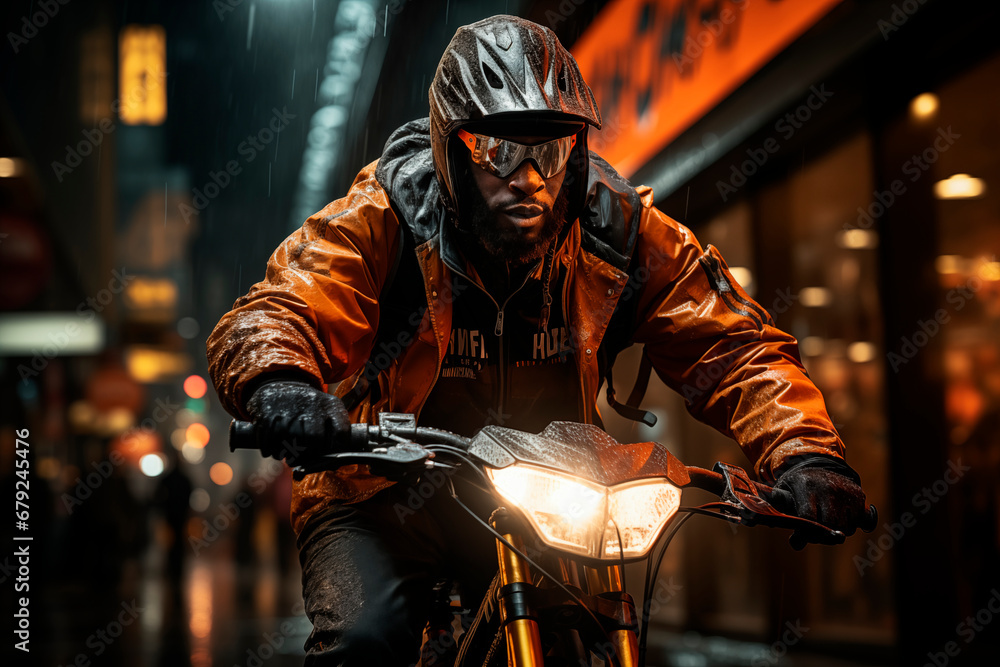 A black rider on his bike on the street on a rainy day A black rider on his bike on the street on a rainy day