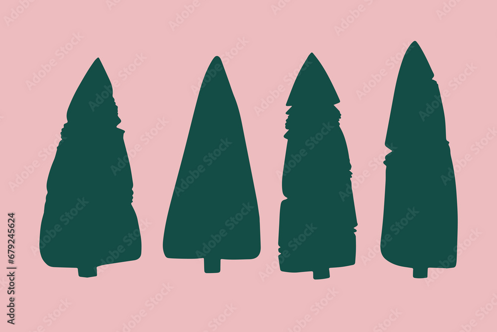 A set of four vector dark green monochrome fir trees. Isolated vector elements on a pink background. Stylized decorative silhouettes of coniferous trees, elements of architectural surroundings. A set of four vector dark green monochrome fir trees. Isolated vector elements on a pink background. Stylized decorative silhouettes of coniferous trees, elements of architectural surroundings.