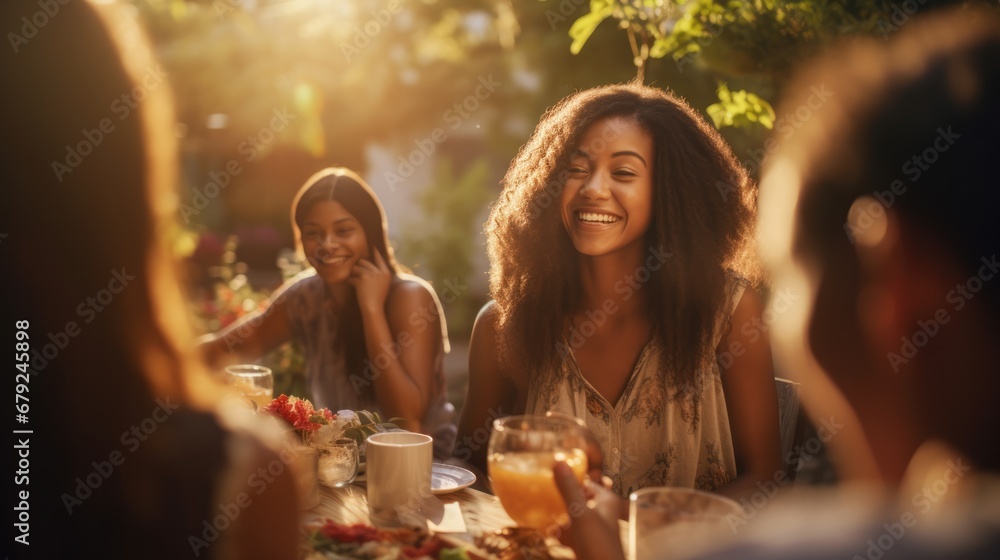 Snapshot of girl in group of multiethnic diverse people having fun and eating at backyard dinner. Family and friends gathered outside their home.