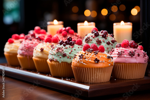 Colorful cupcakes decorated with sugar and berries
