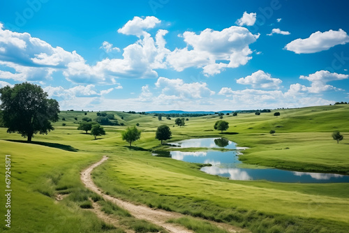 Desktop wallpaper of a green grass field with some trees on a sunny day