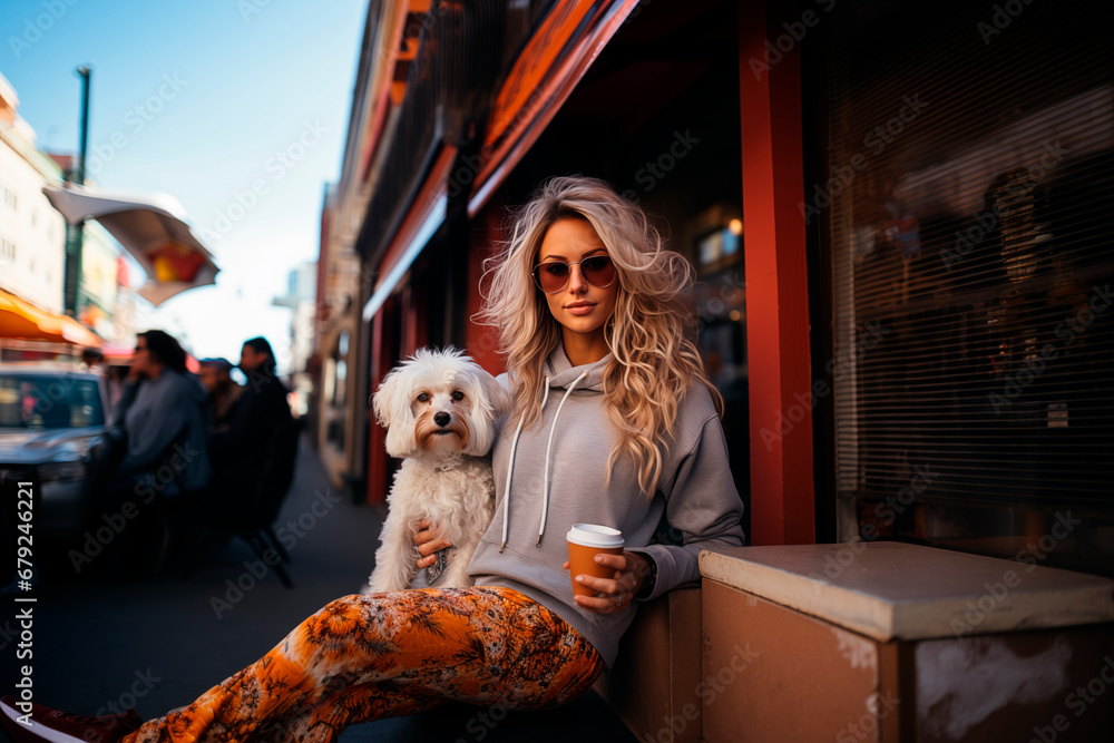 Stunning top model dressed in a grey hoodie and orange floral pants having morning coffee with her dog Stunning top model dressed in a grey hoodie and orange floral pants having morning coffee with her dog