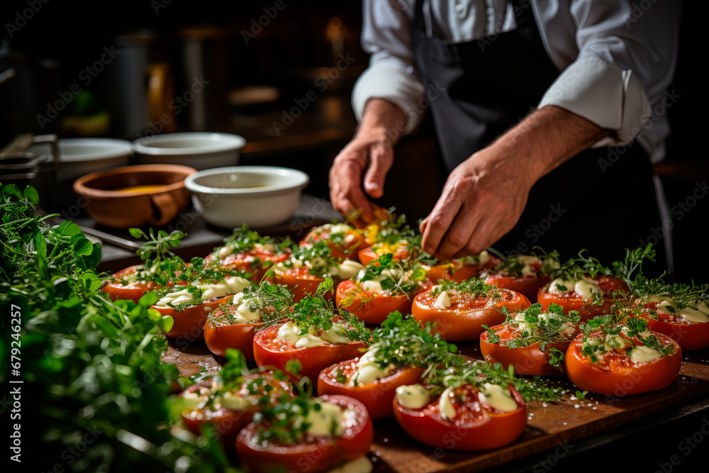 The chef in the restaurant kitchen preparing tomatoes with garlic and a variety of edible herbs