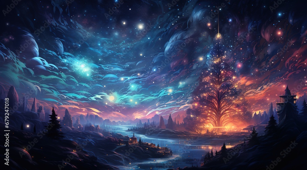 Magical Christmas Tree with Colorful Nebula Background