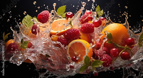 Fresh fruits splashing in water on isolated background