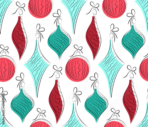 Seamless pattern with bright Christmas decorations, New Year holiday background.