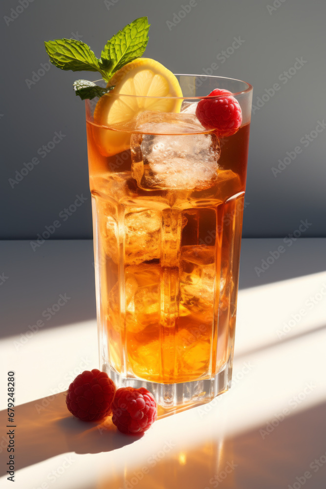 Summer drink or cocktail decorated with fresh raspberry Summer drink or cocktail decorated with fresh raspberry