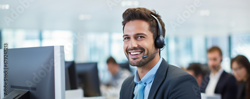 Young handsome male technical support agent trying to explain something to a client while using hands-free headset at call center photo