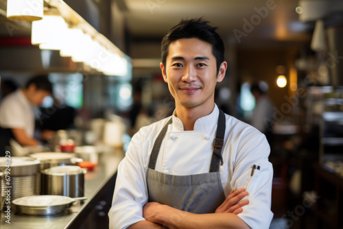 Portrait of confident Asian chef standing with arms crossed and looking at camera