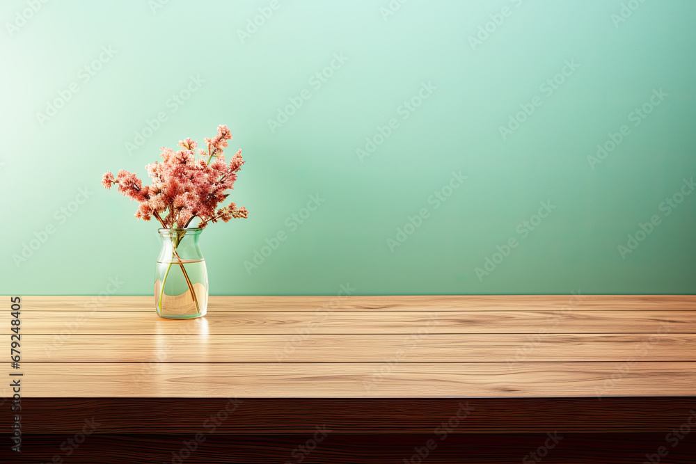 Brown wooden table with flowers vase and green wall background