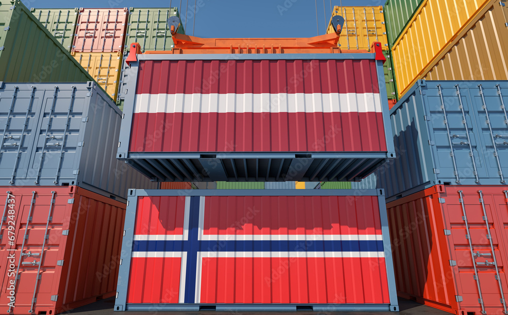 Fototapeta premium Cargo containers with Norway and Latvia national flags. 3D Rendering 
