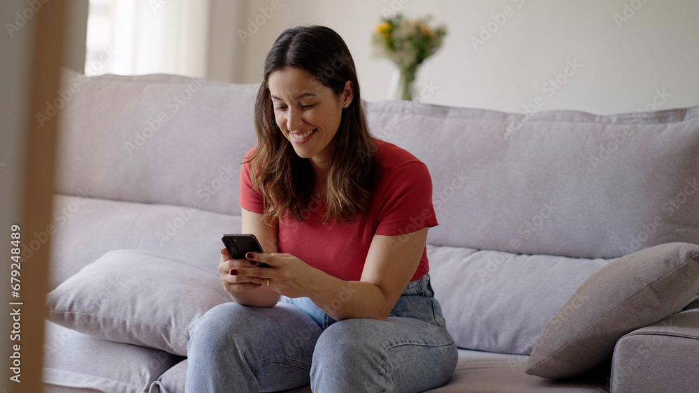 Woman using smartphone. Happy caucasian female enjoy online chat, internet purchase, browse web, download new cool freeware application. Modern wireless tech user concept
Woman using smartphone. Happy caucasian female enjoy online chat, internet purchase, browse web, download new cool freeware application. Modern wireless tech user concept