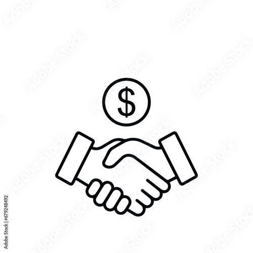 thin line deal icon with handshake and coin. concept of great deal between two people or easy collaboration and relation. simple linear modern logotype graphic design isolated on white background