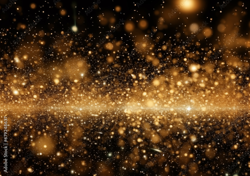 A golden glitter background with a scattering of shiny dust and space for a copy. Beautiful AI generated illustration, banner with space for text and ads. Festive background, christmas, wedding