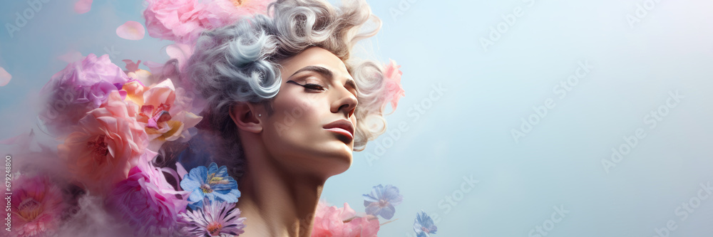 Beautiful young man with flowers over head on blue background baner