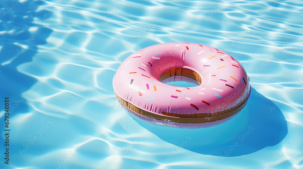 swimming inflatable ring in the pool, donut, summer, hotel, vacation, weekend, blue clear water, resort, aqua, lifestyle, party, park, beauty, sun, bright light, pink, fun, rubber toy - obrazy, fototapety, plakaty 