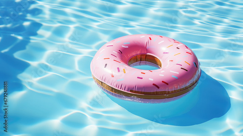 swimming inflatable ring in the pool, donut, summer, hotel, vacation, weekend, blue clear water, resort, aqua, lifestyle, party, park, beauty, sun, bright light, pink, fun, rubber toy photo