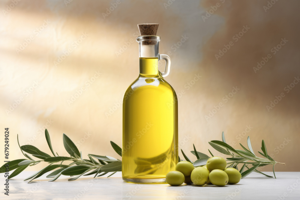 Bottle of olive oil and green olives with leaves on light background Bottle of olive oil and green olives with leaves on light background