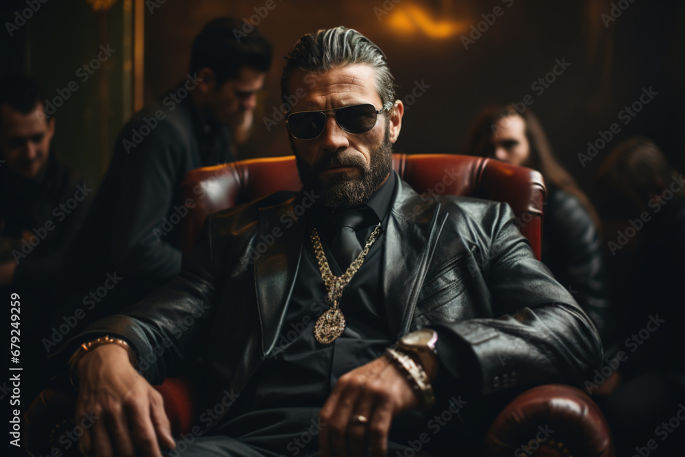 Gangsters mafia, gypsy baron sitting in a chair indoors. Italian boss in a leather jacket and glasses - obrazy, fototapety, plakaty 