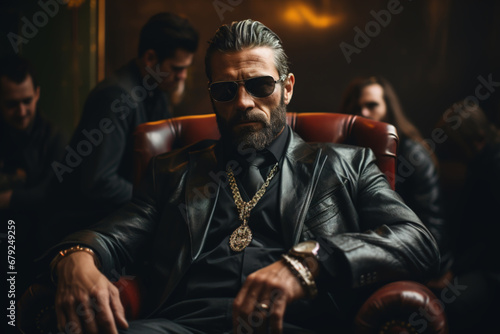 Gangsters mafia, gypsy baron sitting in a chair indoors. Italian boss in a leather jacket and glasses photo