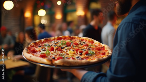 Man holds plate with tasty Italian pizza