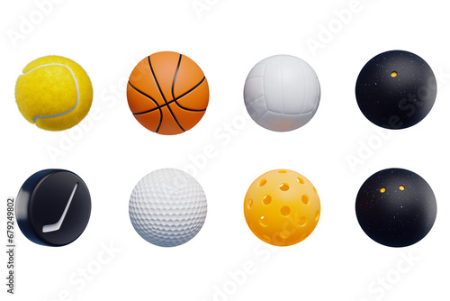 Collection of 3D icons of sports balls, pickleball tennis basketball hockey volleyball squash golf.3D rendering photo