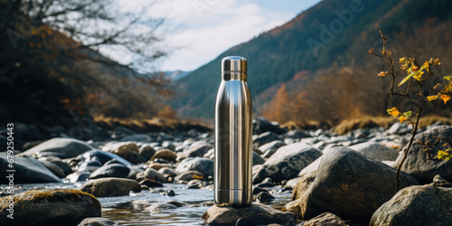 Reusable water bottle for hiking or hiking against the backdrop of a mountain river, Generative AI