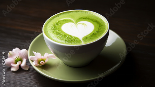 White Cup of matcha latte drink with copy space