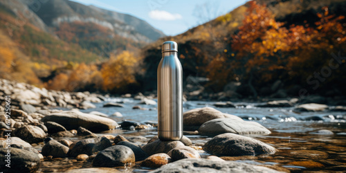 Stainless steel thermos for water or drinks on a beautiful autumn mountain landscape, Generative AI