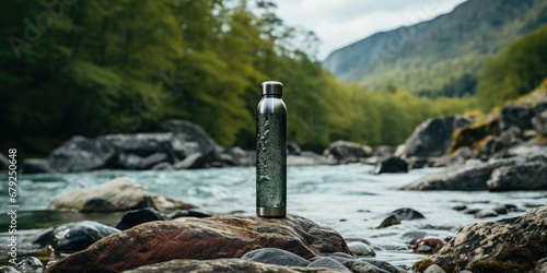 Reusable water bottle for hiking or hiking against the backdrop of a mountain river, Generative AI