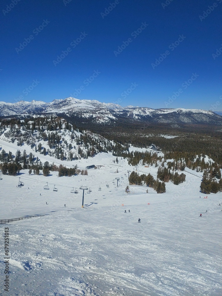 Vertical view of a ski resort mountain under a blue sky
