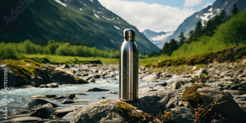 A thermos for tea or coffee, a mockup of a reusable bottle for traveling and hiking. Generative AI