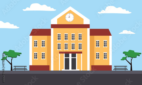 School building with landscape in background. Vector illustration.